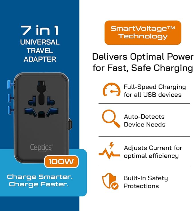 Ceptics GAN 100W Universal Travel Adapter with Retractable USB-C Cable, 2X USB-A & C, Universal Input and 1x USA/JP Input, 7 in 1 Universal Adapter for Worldwide Travel - Type A, C, G, I Output