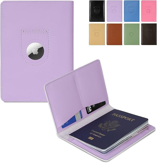 Full Grain Leather AirTag Passport Holder Wallet Cover for Men and Women Travel, Passport Holder with AirTag Slot Passport Wallet, Travel Essentials Genuine Leather Passport Cover Gifts (Purple)