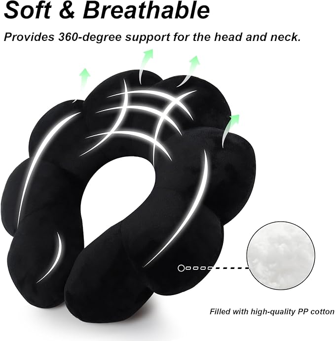 Sexysamba Flower Travel Neck Pillows for Airplanes Breathable Cotton U-Shaped Neck Pillow for Kids & Adults Head Neck Chin Support Rest Pillow for Traveling,Car,Train,Bus,Recline,Home,Office,Black