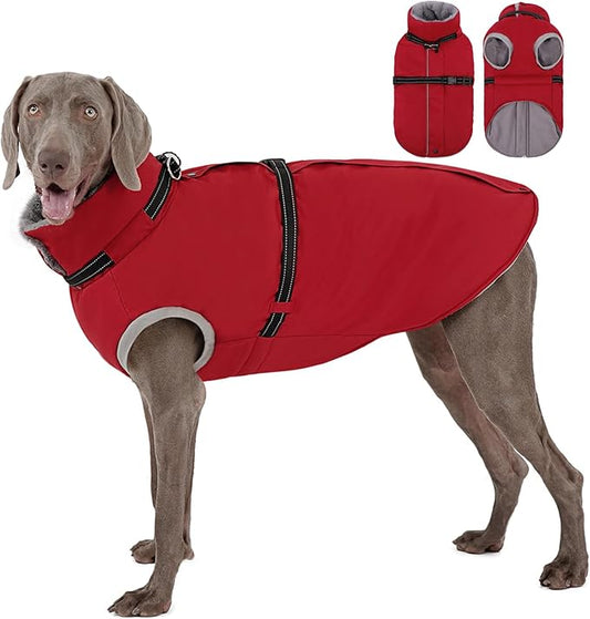 AOFITEE Dog Coat for Large Dogs, Warm XL Dog Jacket Winter, Pet Winter Coat with Harness Built in, Fleece Puffer Jacket Waterproof Reflective Snowsuit for Extra Large Dogs, Christmas Red XL