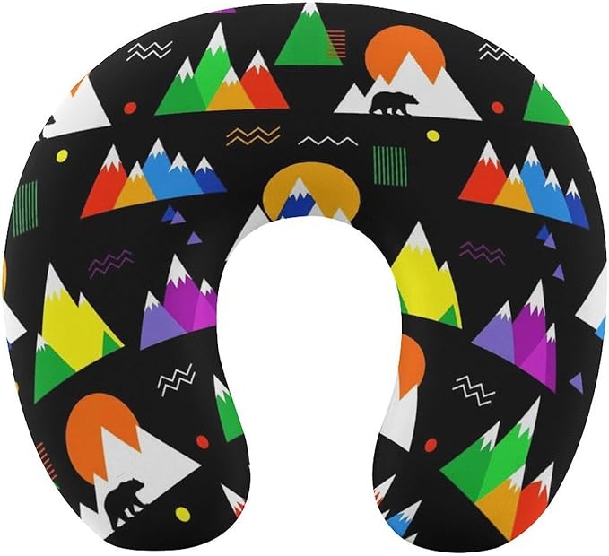 Travel Neck Pillow Memory Foam Chin Cushion Colorful Mountain Bear Black, Washable Cover for Men Women Youth Airplane Car Pain Relief