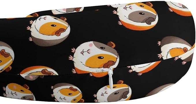 Comfortable Memory Foam Travel Neck Pillow Cute Cartoon Guinea Pig Black, Washable Removable Cover, Chin Head Support for Airplane Car Office Pain Relief Sleeping