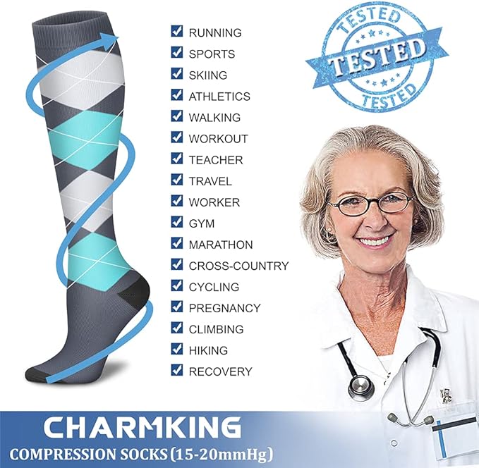 CHARMKING Compression Socks for Women & Men Circulation (8 Pairs) 15-20 mmHg is Best Support for Athletic Running,Cycling