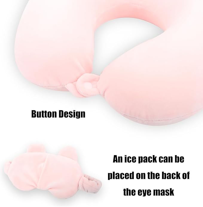 Kids Neck Pillow for Travel with Sleep Eye Mask, Cute Travel Neck Pillow, Memory Foam Flight Sleeping Headrest Pillow for Boys & Girls, Airplane, Train, Car, Home Use - Peach Bear