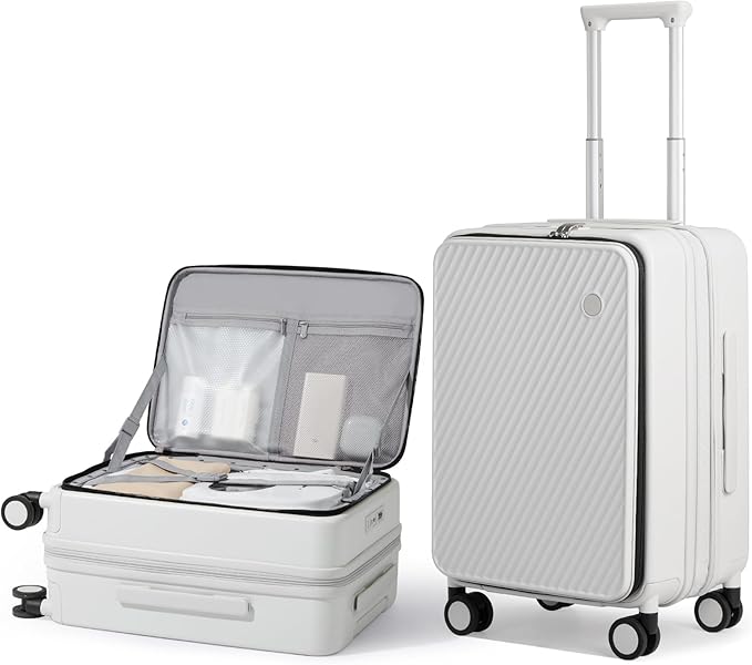 mixi 20 Inch Expandable Carry On Luggage PC Hard Shell Suitcase Top Opening Rolling Travel Suitcases with Spinner Wheels & TSA Lock, Smoke White