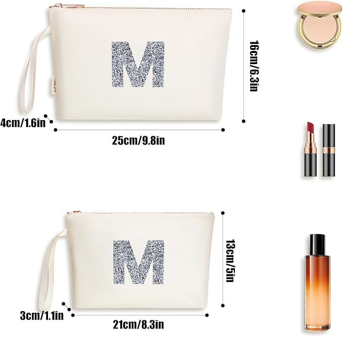 A-Z BAG 2pcs Personalised Makeup Bag Set, Canvas Cosmetic Bag with Rhinestone Initial, Birthday Gifts for Women (M, Beige)