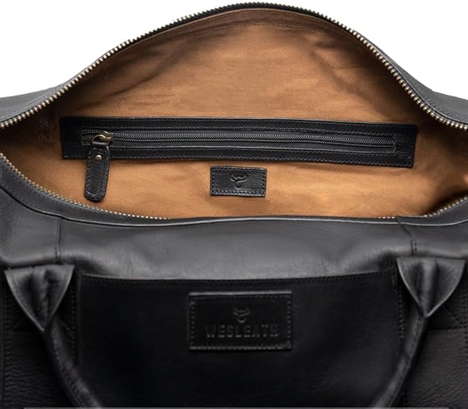 Full Grain Leather Duffle Bag – 25L Travel, Gym & Carry-On Weekender for Men | Handcrafted Overnight Bag with Brass Hardware, Black Style