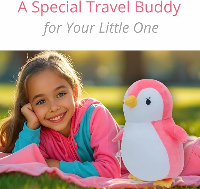 BelkVilo. 2 in1 Plush Penguin Travel Pillow – Pink Kids Travel Pillow for Airplane, Car, or Stroller | Extra-Soft Plush, Medium (12.2 in)