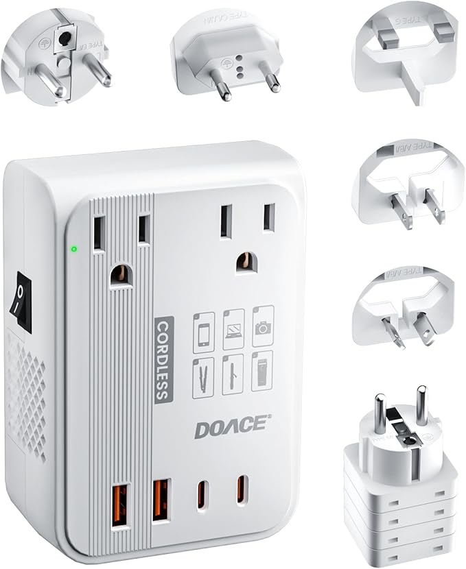 DOACE Voltage Converter US to Europe 350W Convert 220V to 110V for Curling Iron Straightener Shaver, Cordless Converter for European Travel with 2 USB A & 2 USB C Ports Charging