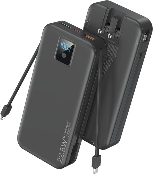 Portable Power Bank, 20000mAh 22.5W Fast Charging Phone Charger with Built-in Cables & Wall Plug, Travel Essential Battery Pack with LED Display, USB C Battery Charging Bank for iPhone, Samsung Black