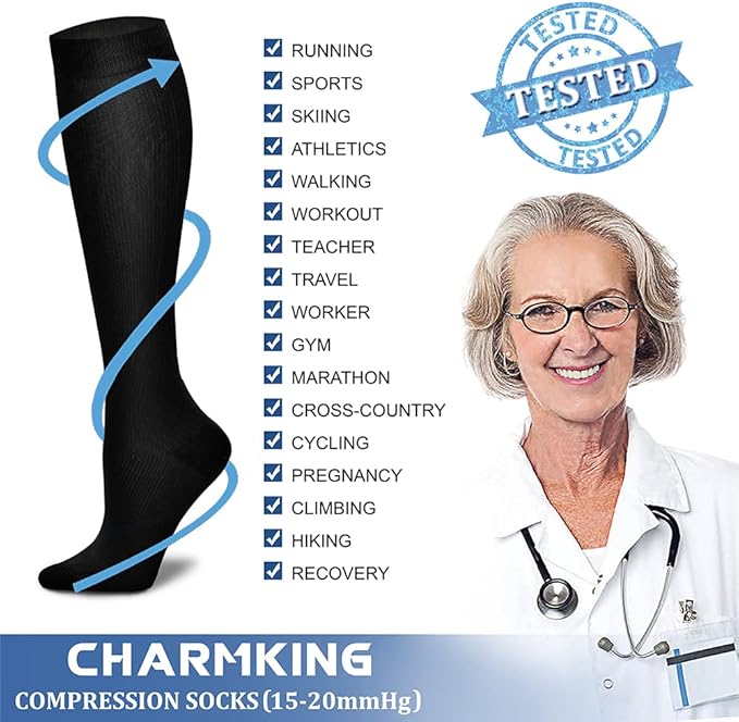CHARMKING Compression Socks for Women & Men Circulation (8 Pairs) 15-20 mmHg is Best Support for Athletic Running,Cycling
