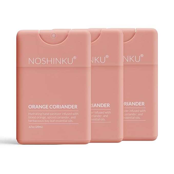 Noshinku - Refillable Hand Sanitizer Orange Coriander 3-Pack, Travel Size Spray, Hydrating Botanical Oils, Natural Ingredients, All Natural Fragrances, Sugarcane Derived Alcohol, No Parabens, No Dyes