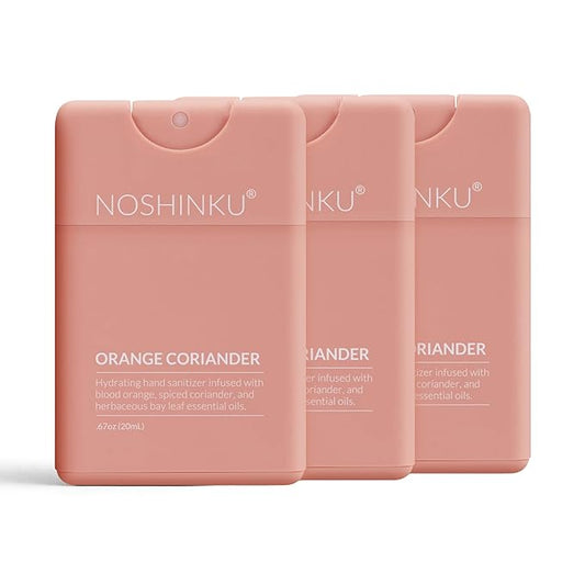 Noshinku - Refillable Hand Sanitizer Orange Coriander 3-Pack, Travel Size Spray, Hydrating Botanical Oils, Natural Ingredients, All Natural Fragrances, Sugarcane Derived Alcohol, No Parabens, No Dyes