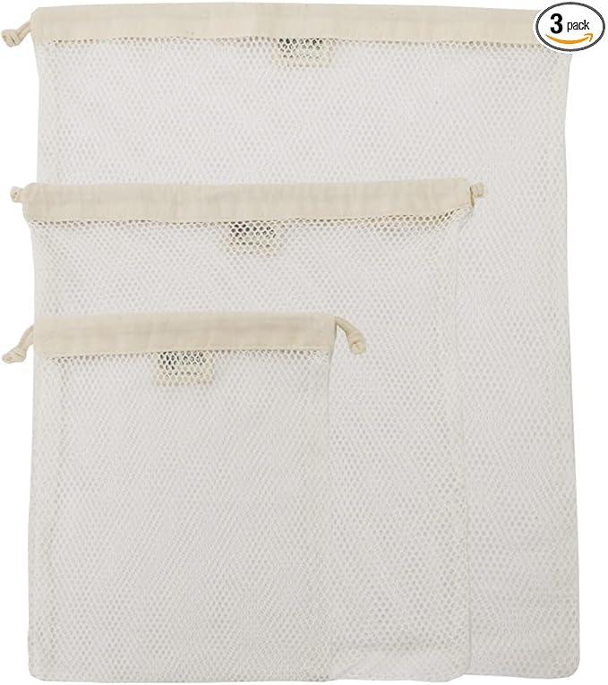 Simple Ecology Organic Cotton Mesh Laundry Bag; Machine Washing Bags for Delicates, Lingerie and Garments, Set of 3 (S, M, L)
