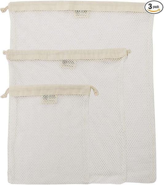 Simple Ecology Organic Cotton Mesh Laundry Bag; Machine Washing Bags for Delicates, Lingerie and Garments, Set of 3 (S, M, L)