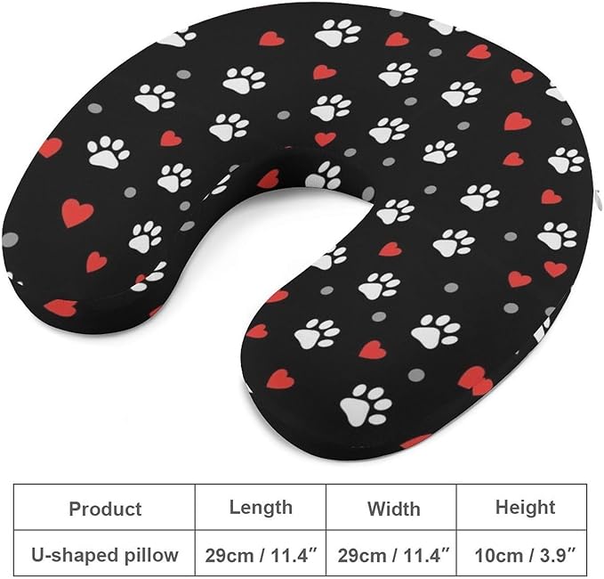 Memory Foam Travel Pillow Paw Prints and Hearts On Black, Breathable Chin Head Support, Washable Zip Cover for Airplane Car Office Pain Relief