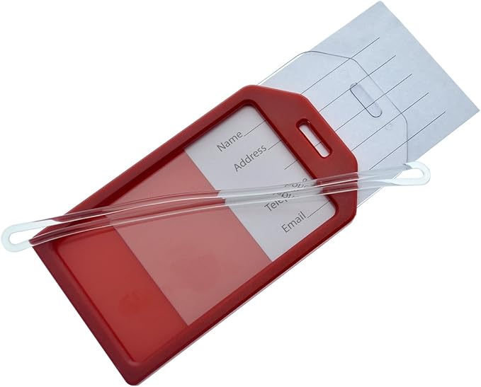 5 Pack - Premium Rigid Airline Luggage Tag Holders with 6" Worm Loops - Heavy Duty Hard Plastic -Suitcase ID Tag Identifiers with Business Card Insert Window by Specialist ID (Red)