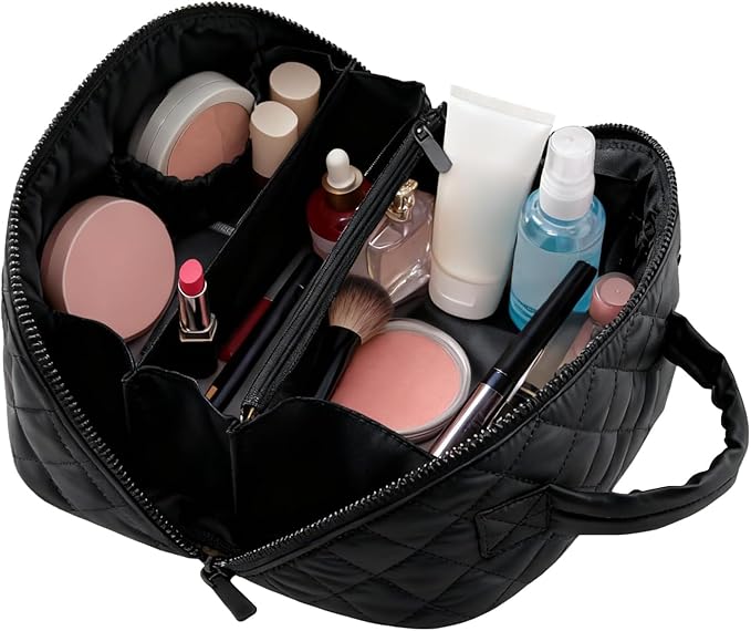 Amposei Makeup Bag Travel Toiletry Bag,Travel Makeup Bag for Women, Puffer Waterproof Cosmetic Organizer, Large Capacity Pouch Open Flat Small Toiletry Bag with Brush Compartment & Handle (Black)