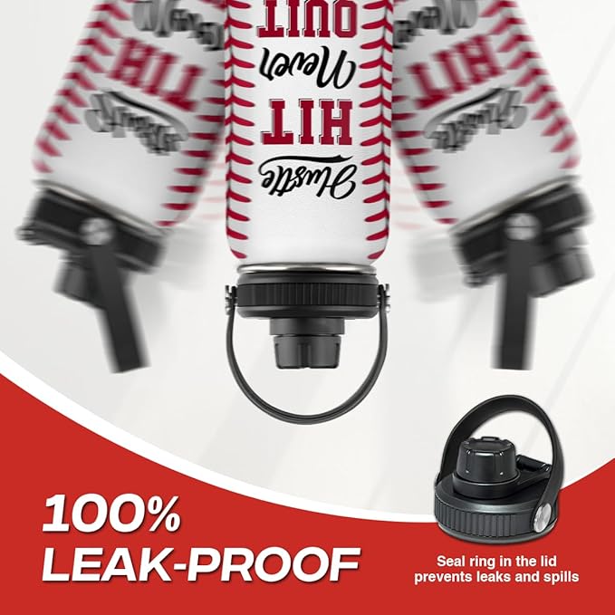 Baseball Water Bottle 32oz Hustle Hit Never Quit Stainless Steel Insulated Bottle for Men Women Sports Lovers Baseball Fans