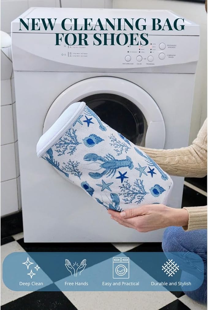 Shoe Washing Machine Bag with Sneaker Brush – 2-Pack Reusable Chenille Laundry Bags for Sneakers, Delicates, Travel & Storage – Ocean Print Stylish Design – by Bluehome