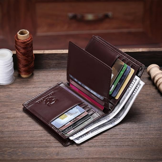 LEBULLBRO Genuine Leather Bifold Wallet RFID Blocking Wallet Large Capacity Purse Credit Card Holder for Men with 15 Card Slots (Grey)