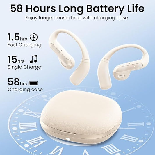 Open Ear Bluetooth 5.3 Earbuds, Wireless Headphones Sport Over Earphones Built-in Mic with Ear Hooks, 58H Playtime Ear Buds Fast Charging, IPX7 Waterproof for Running/Workout-Off White