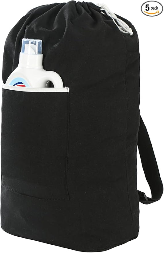 Canvas Laundry bag, Washable Laundry backpack, Adjustable Straps, Large Front Pocket, Drawstring Closure (BLACK, X-Large)