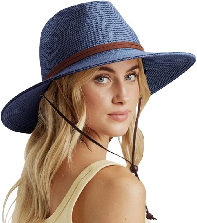 DRESHOW Women Straw Panama Hat Travel Fedora Beach Sun Hat Summer Wide Brim Straw Roll up Hat UPF 50+