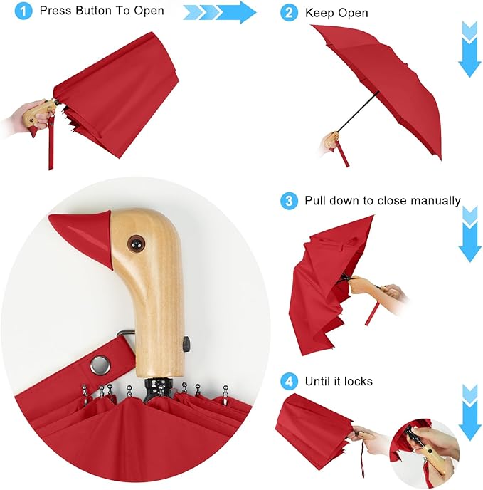 Duck Handle Umbrella Kids - Compact Portable Folding Lightweight Small Strong Wooden Duck Windproof Travel Umbrella for Kids Gifts