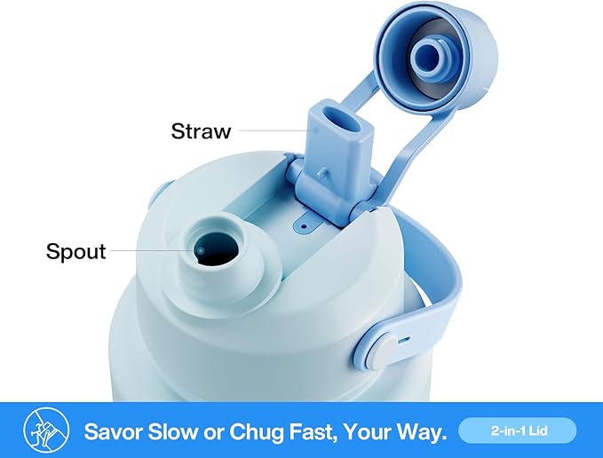 POWCAN 40 oz Insulated Water Bottle with 2-in-1 Straw and Spout Lid, Keep Cold 24H, Leak-Proof, BPA-Free, Double Wall Stainless Steel Water Bottle for Sports, Gym, Travel, and School (Sea Breeze)