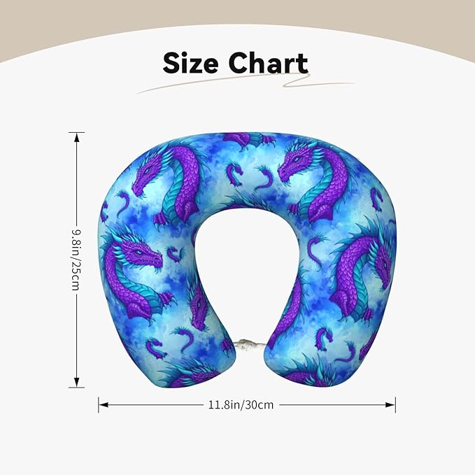 Memory Foam Airplane Pillow Purple Dragon for Car Chin Head Neck Supporting, U Shape Pillows Travel Cushion for Office, Nap Sleeping