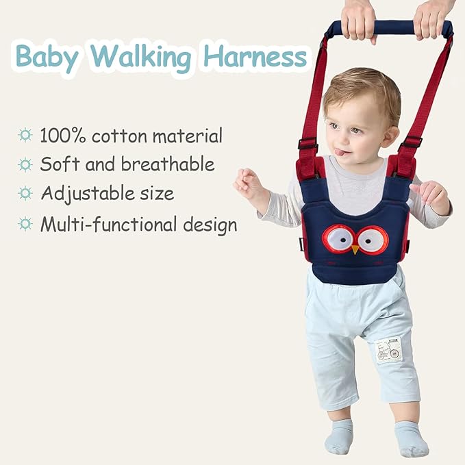 Baby Walking Harness Handheld Baby Walker Assistant Belt Adjustable Toddler Infant Safety Harnesses Standing Up Walking Learning Helper with Detachable Crotch for 9-24 Month (DarkBlue Owl)