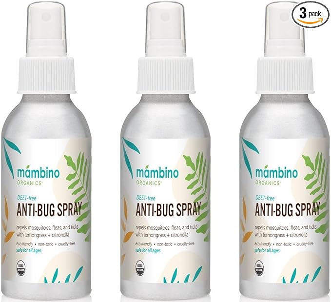 Mambino Organics Anti-Bug Spray, DEET-Free, Organic Mosquito Repellent with Essential Oils, Reef Safe, Face-Safe Protection for Babies, Kids, and Adults, Travel Bug Spray, 4oz, 3-Pack