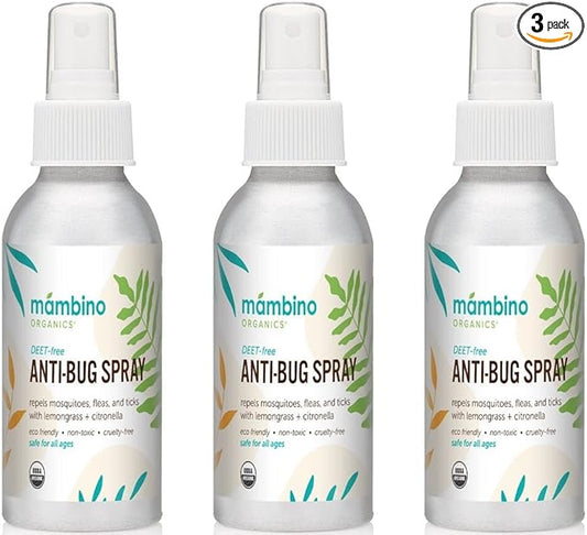 Mambino Organics Anti-Bug Spray, DEET-Free, Organic Mosquito Repellent with Essential Oils, Reef Safe, Face-Safe Protection for Babies, Kids, and Adults, Travel Bug Spray, 4oz, 3-Pack