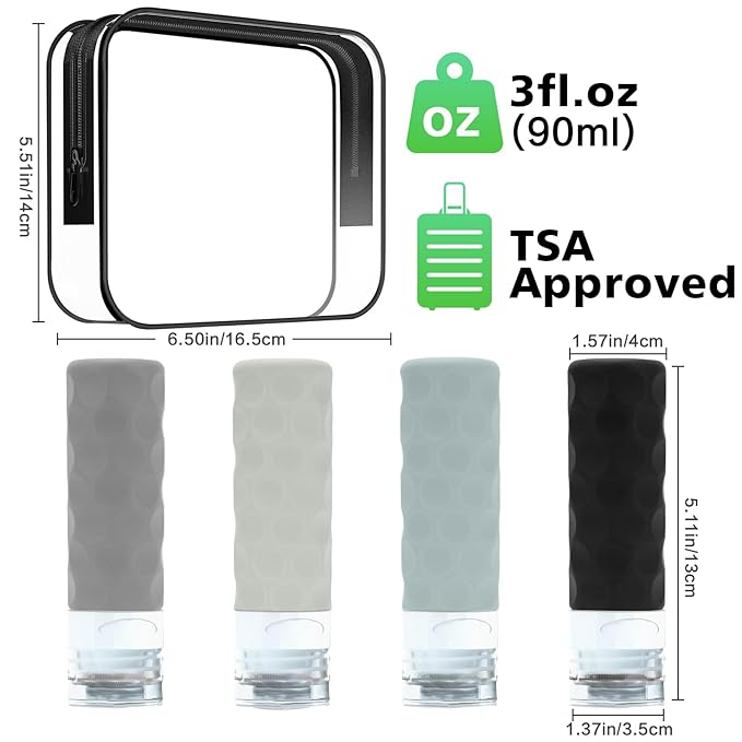 Travel Bottles for Toiletries, 4pcs Tsa Approved 3oz Travel Size Containers, BPA Free Leak Proof Premium Silicone Bottles, Refillable Liquid Squeezable Accessories W/Toiletry Bag