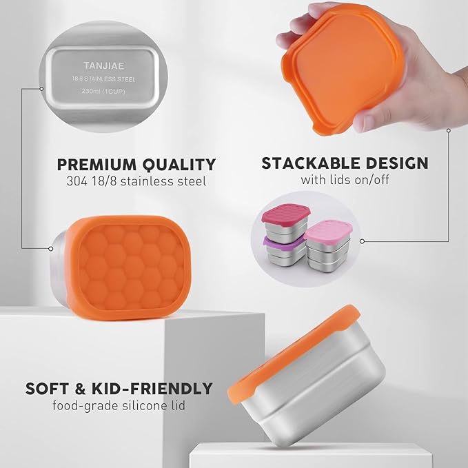 Small (1 CUP) Stainless Steel Snack Containers for Kids | Easy Open Leak Proof Food Containers with Silicone Lids - Perfect Metal Toddler Lunch Box for Daycare and School (8oz)