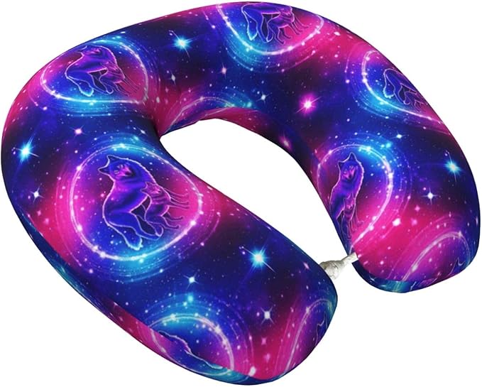 Travel Neck Pillows for Sleeping Rest Car Airplanes Purple Blue Galaxy Cool Wolf Art, Memory Foam with Removable Breathable Zipper Cover Washable for Men Women