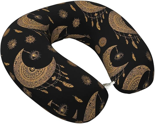 Comfortable Memory Foam Neck Pillow Mandala Boho Crescent Moon Sun Dream Catcher, Travel U Shaped Airplane/Car/Flight Pillows with Removable Zipper Cover, Chin Head Neck Support Cushion