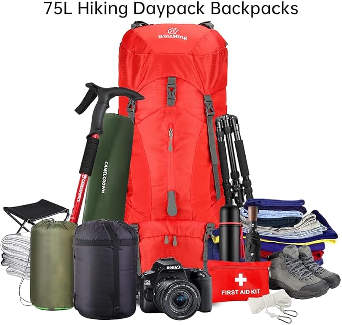 Hiking Backpack for Men and Women 70L+5L Waterproof Lightweight Camping Daypack with Rain Cover for Outdoor Travel Mountaineering - Frameless (Red)