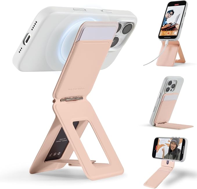 MOFT Phone Tripod Wallet for iPhone, Mulit-Angles, Lightweight & Portable Phone Stand, MOVAS Vegan Leather Magnetic Wallet, Strong Magnets, NFC Card Holder,Travel Essential, Peach pink(With Card Slot)