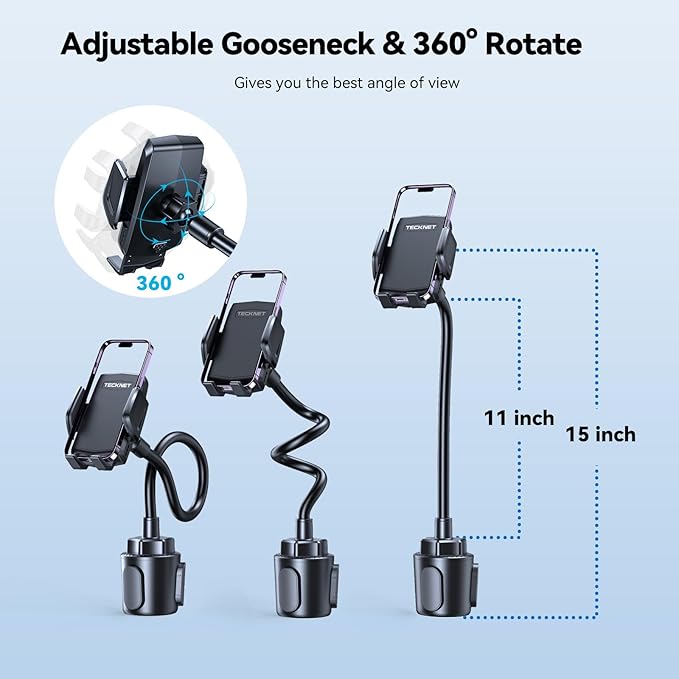 TECKNET Cup Phone Holder for Car - Adjustable Gooseneck Cup Holder Cradle Car Mount with Air Vent Holders & Expandable Base, Cell Phone Holders for iPhone 17/16 Pro Max and All Cell Phones, Cars model
