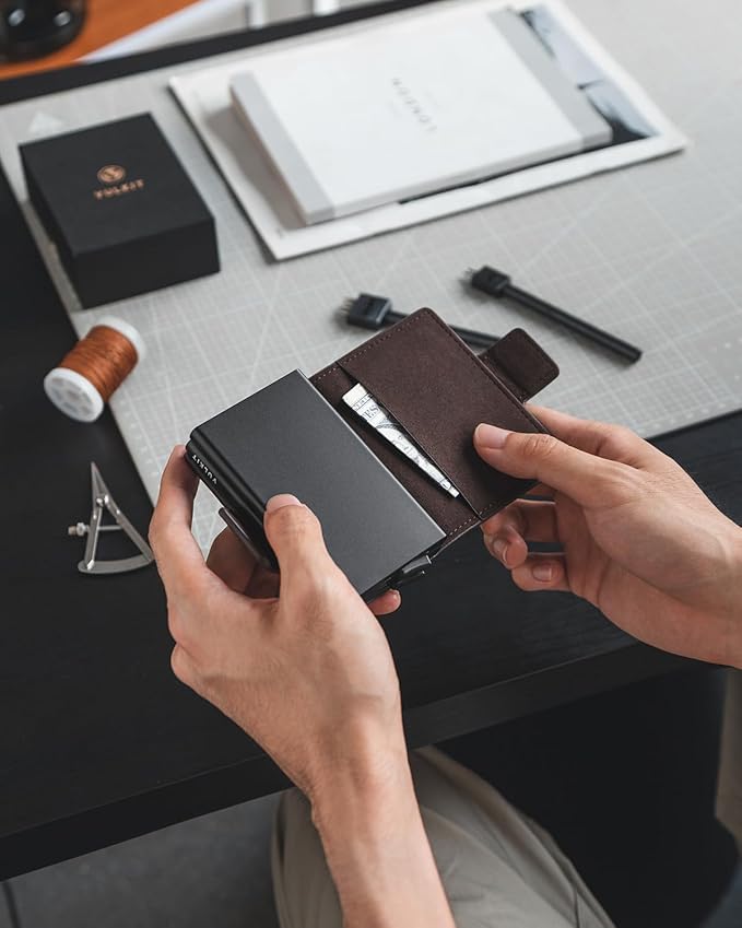 VULKIT Credit Card Holder RFID Blocking Leather Automatic Pop Up Wallet Magnetic Wallet Double Card Case for Men and Women