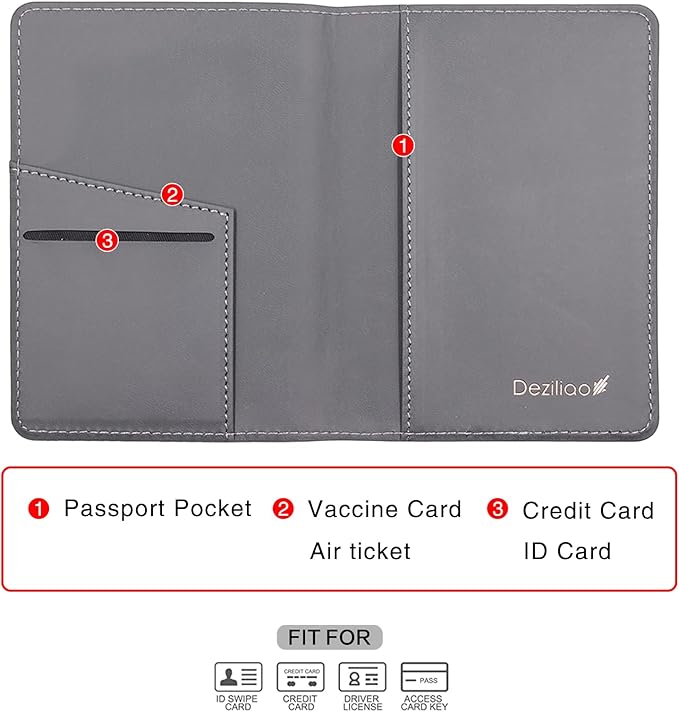 Deziliao Passport Wallet, Gray, Unisex, Faux Leather, Waterproof, Slim, Lightweight, RFID Blocking, 2-in-1 Design, with Document Slots, Credit Card Slots, SIM Card Slots