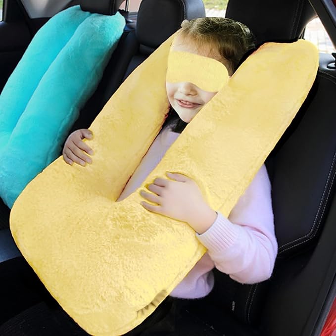 Sexysamba Travel Pillow with Sleep Mask Set Car Pillow Kids Travel Pillow for Sleeping U Shaped Car Seat Pillow Head Neck Body Support for Kids and Adults Road Trip Accessories,Warm Yellow