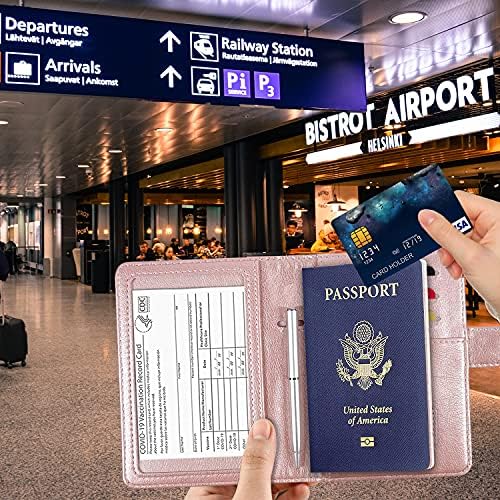RSAquar Passport and Vaccine Card Holder Combo, Passport Holder Cover Wallet, Leather Card Case Travel Accessories with RFID Blocking for Women and Men, Rose Gold