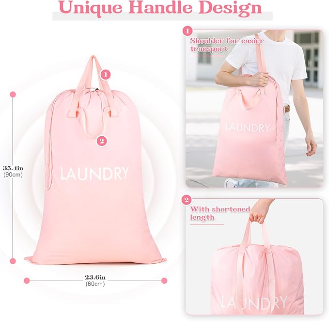 MissBoy Heavy Duty Nylon Laundry Bag,Washable & Splash-Resistant Dirty Clothes Storage Bag with Drawstring & Handles丨Lightweight, Foldable & Space-Saving for College Dorm,Beach&Trips, 80L Pink
