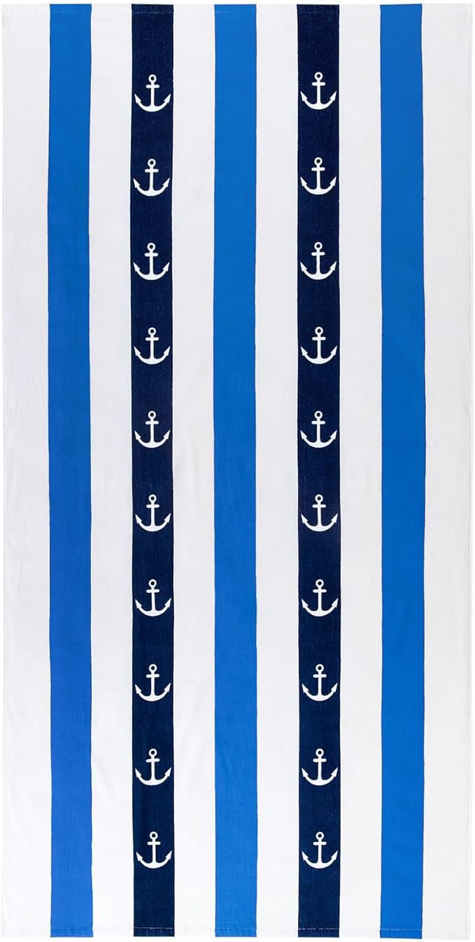cabanana Large Beach Towel Oversized - Cotton Velour 35 x 70 Inch Anchor Striped Terry Pool Towel, Cabana Soft Swimming Towel for Adults Women Men (Navy Blue)