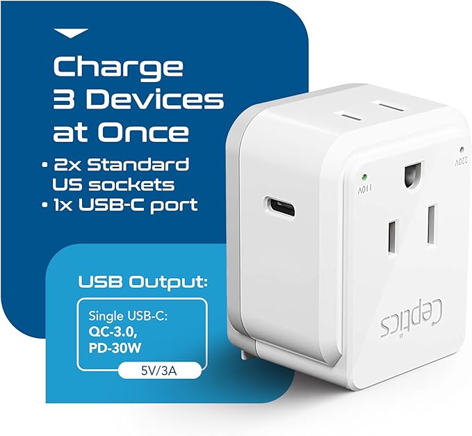 Ceptics European Plug Adapter, Safe USB-C 30W PD & QC 3.0-2 USA Socket - Compact & Powerful - Use in Greece, Italy, Switzerland, Turkey, Portugal - Includes Type C Swadapt Attachment