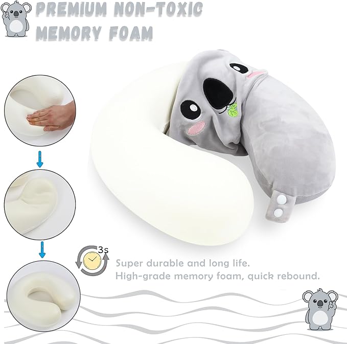 Travel Pillow, Kids Travel Pillow with Sleep Eye Mask Soft Memory Foam Kids Neck Pillow for Boys & Girls, Travel Accessories for Car Airplane Traveling - Koala