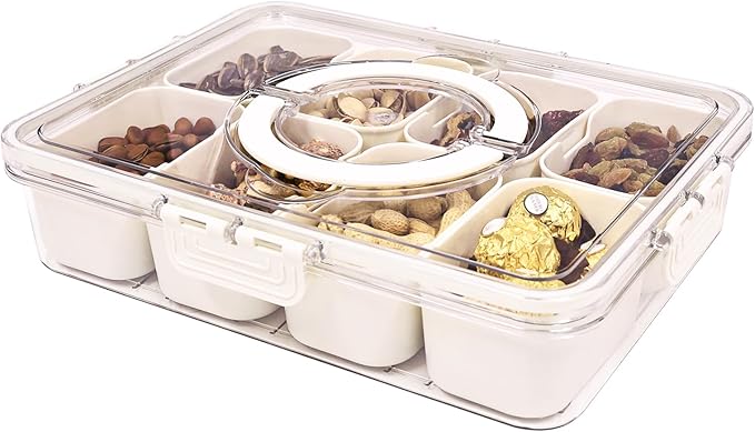Yuroochii Snackle Box Container, Portable Snack Box 8 Compartment Divided Serving Tray with Lid & Handle, Clear Snack Charcuterie Platter for Travel Candy Party Fruit Salad (White)